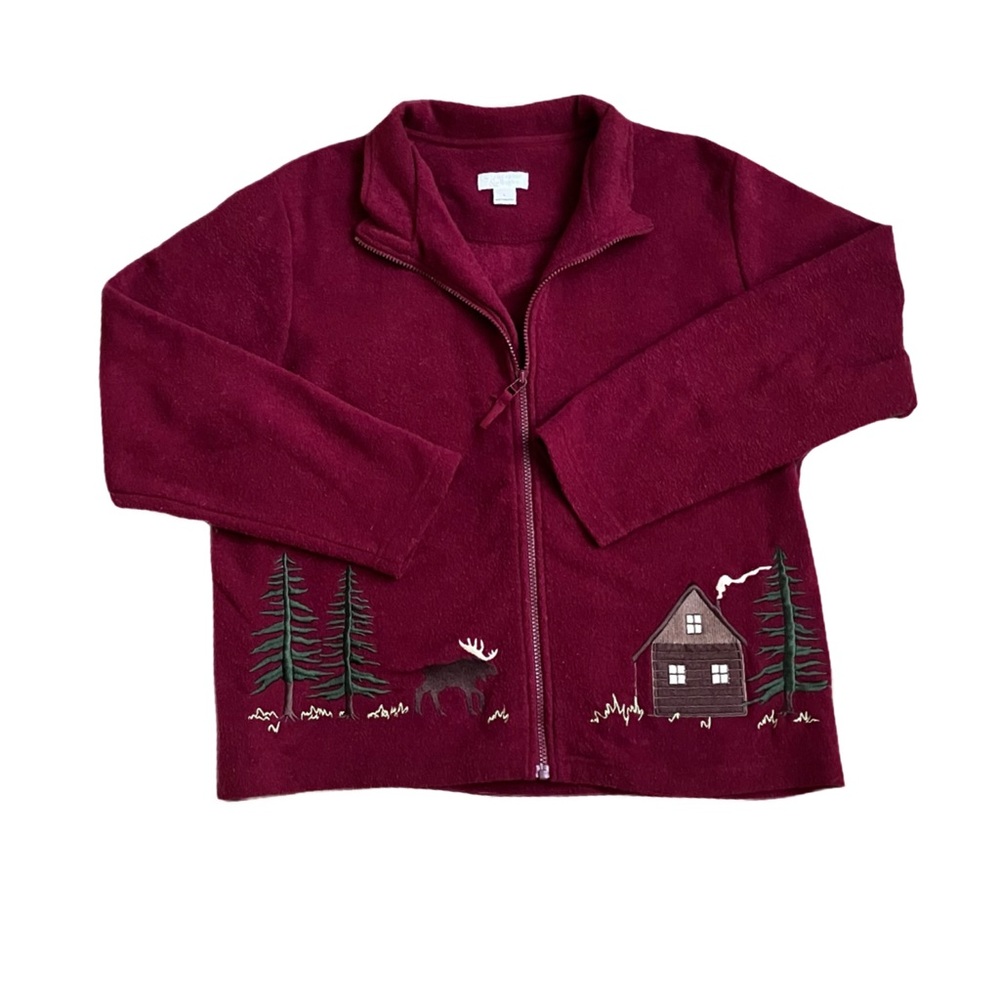 Christopher & Banks Polyester Fleece, Sz. L, Maroon w/ Woodland Theme, Zip Up